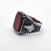 925 ayar Gümüş Tuğra Detaylı Akik Taşlı Erkek Yüzük thumbnail 4