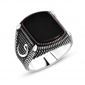 925 Ayar gümüş Vav Detaylı Oniks Taşlı Erkek Yüzük thumbnail 1