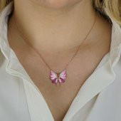 Pembe Kelebek Tasarımlı 925 Ayar Gümüş Kadın Kolye thumbnail 2