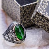 925 Ayar Gümüş  Yeşil Zirkon  Taşlı Devlet Arması Detaylı Yüzük thumbnail 1