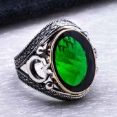 925 Ayar Gümüş Yeşil Zirkon Taşlı Ay Yıldız Detaylı Yüzük thumbnail 4