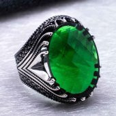 925 Ayar Gümüş Yeşil Zirkon  Taşlı  Erkek Yüzük thumbnail 4