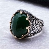 Yeşil Zirkon  Taşlı Kral Tacı Erkek Gümüş Yüzük thumbnail 3