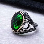 925 Ayar Gümüş Yeşil Zirkon Taşlı Ay Yıldız Detaylı Yüzük thumbnail 3