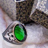 925 Yeşil Zirkon Taşlı Üç Hilal Detaylı  Yüzük thumbnail 1