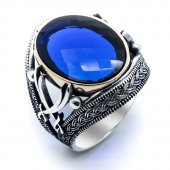 925 Ayar Gümüş Mavi  Zirkon Taşlı Kılıç Detaylı Yüzük thumbnail 2