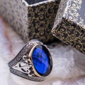 925 Ayar Gümüş Mavi Zirkon Taşlı Elif  Vav  Detaylı Yüzük thumbnail 1