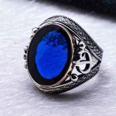 925 Ayar Gümüş Mavi Zirkon Taşlı Elif  Vav  Detaylı Yüzük thumbnail 3