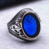 925 Ayar Gümüş Mavi Zirkon Taşlı Elif  Vav  Detaylı Yüzük thumbnail 4