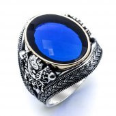 Osmanlı Tuğralı Mavi Taşlı  Gümüş Yüzük thumbnail 2