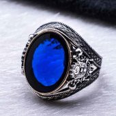 Osmanlı Tuğralı Mavi Taşlı  Gümüş Yüzük thumbnail 3