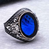 Osmanlı Tuğralı Mavi Taşlı  Gümüş Yüzük thumbnail 4