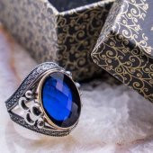 925 Ayar Gümüş Mavi Zirkon  Taşlı  üç Hilal Detaylı Yüzük thumbnail 1