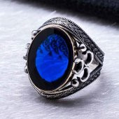 925 Ayar Gümüş Mavi Zirkon  Taşlı  üç Hilal Detaylı Yüzük thumbnail 3