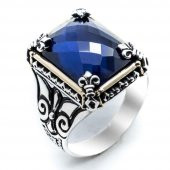Mavi Taşlı Özel Tasarım Erkek Gümüş Yüzük thumbnail 2