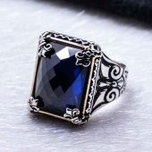 Mavi Taşlı Özel Tasarım Erkek Gümüş Yüzük thumbnail 3