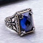 Mavi Taşlı Özel Tasarım Erkek Gümüş Yüzük thumbnail 4