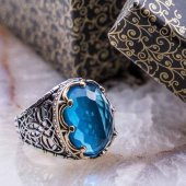 Açık Mavi Zirkon Taşlı Kral Tacı Erkek Gümüş Yüzük thumbnail 1