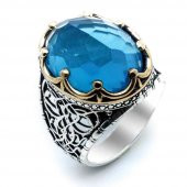 Açık Mavi Zirkon Taşlı Kral Tacı Erkek Gümüş Yüzük thumbnail 2