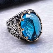 Açık Mavi Zirkon Taşlı Kral Tacı Erkek Gümüş Yüzük thumbnail 3