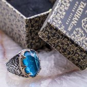 Açık Mavi Zirkon Taşlı Kral Tacı Erkek Gümüş Yüzük thumbnail 4