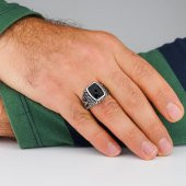 Siyah Zirkon Taşlı Osmanlı Tuğra Motifli 925 Ayar Gümüş ErkekYüzük thumbnail 2