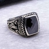 Siyah Zirkon Taşlı Osmanlı Tuğra Motifli 925 Ayar Gümüş ErkekYüzük thumbnail 4