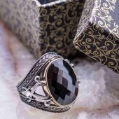 925 Ayar Gümüş Siyah Zirkon Taşlı Kılıç Detaylı Yüzük thumbnail 1