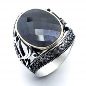 925 Ayar Gümüş Siyah Zirkon Taşlı Kılıç Detaylı Yüzük thumbnail 2