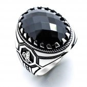 925 Ayar Gümüş Siyah Zirkon  Taşlı Osmanlı Tuğra Detaylı  Yüzük thumbnail 2