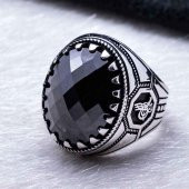 925 Ayar Gümüş Siyah Zirkon  Taşlı Osmanlı Tuğra Detaylı  Yüzük thumbnail 4