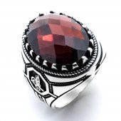 925 Ayar Gümüş Kırmızı Zirkon Taşlı Osmanlı Tuğrası  Detaylı Yüzük thumbnail 2