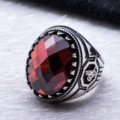 925 Ayar Gümüş Kırmızı Zirkon Taşlı Osmanlı Tuğrası  Detaylı Yüzük thumbnail 3