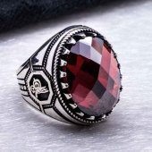 925 Ayar Gümüş Kırmızı Zirkon Taşlı Osmanlı Tuğrası  Detaylı Yüzük thumbnail 4