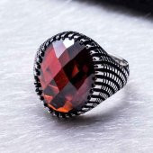 925 Ayar Gümüş Kırmızı Zirkon  Taşlı Desenli Yüzük thumbnail 3