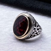 925 Ayar Gümüş Kırmızı Oval Zirkon Taşlı Yüzük thumbnail 3