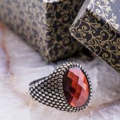 Harika Tasarım Kırmızı Zirkon  Oval Taşlı Gümüş Yüzük thumbnail 1