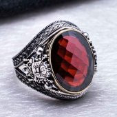 925 Ayar Gümüş Kırmızı Zirkon Taşlı Devlet Armalı Yüzük thumbnail 4