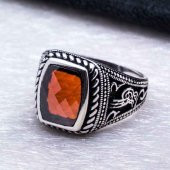 925 Ayar Gümüş Kırmızı Zirkon Taşlı Tuğralı Yüzük thumbnail 3