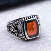 925 Ayar Gümüş Kırmızı Zirkon Taşlı Tuğralı Yüzük thumbnail 4