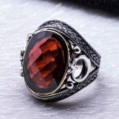 925 Ayar Gümüş Kırmızı Zirkon Taşlı  Ay Yıldız Detaylı Yüzük thumbnail 3