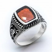 925 Ayar Gümüş Kırmızı Zirkon Taşlı Tuğralı Yüzük thumbnail 2