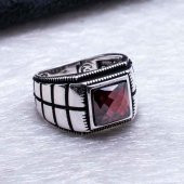 925 Ayar Gümüş Kırmızı Zirkon Taşlı  Yüzük thumbnail 4