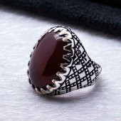 925 Ayar Gümüş Bordo  Akik Taşlı  Yüzük thumbnail 3