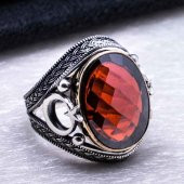 925 Ayar Gümüş Kırmızı Zirkon Taşlı  Ay Yıldız Detaylı Yüzük thumbnail 4