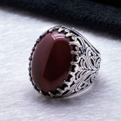 925 Ayar Gümüş Bordo Akik Taşlı Yüzük thumbnail 3