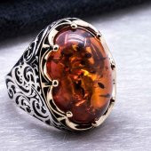 925 Ayar Gümüş  Kehribar Taşlı Gümüş Yüzük thumbnail 4