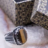 925 Ayar Gümüş Kaplan Gözü Taşlı Erkek Yüzük thumbnail 1