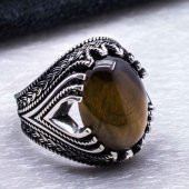 925 Ayar gümüş Oval Bombeli Kaplan Gözü Taşlı Yüzük thumbnail 4