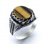 925 Ayar Gümüş Kaplan Gözü Taşlı Erkek Yüzük thumbnail 2